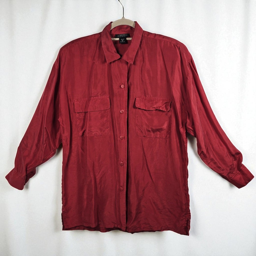 Van Zon 100% Silk Blouse Red Button‎ Down Shirt Long Sleeve Top Women Medium